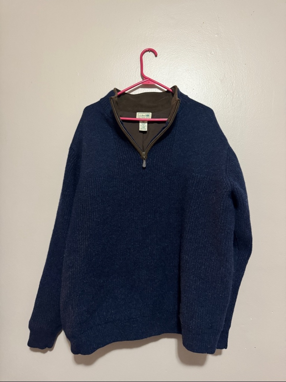 L.L. Bean Men's Navy Zip-Neck Sweater with Brown Trim